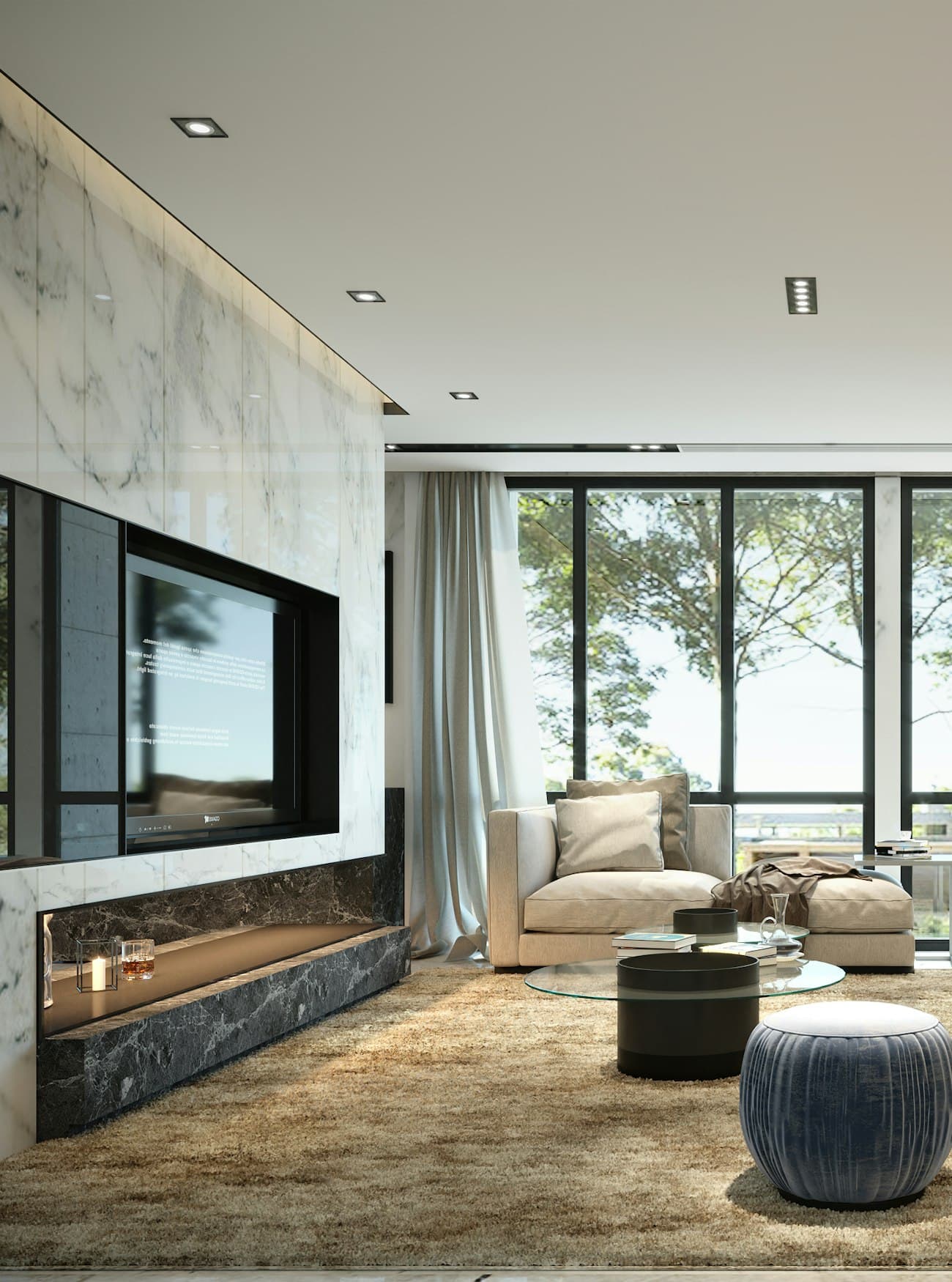 A marble-clad living room opening onto a glass wall and trees