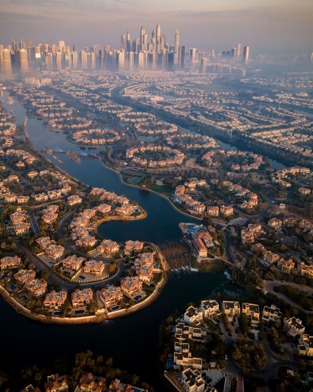 Villa communities in Dubai from the air at sunrise