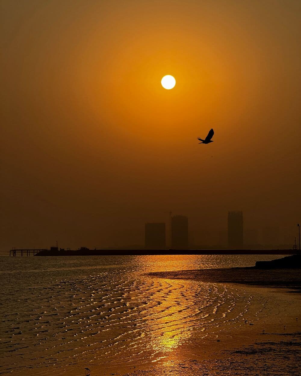 The Karachi seafront at sunset, towers over a low-tide beach