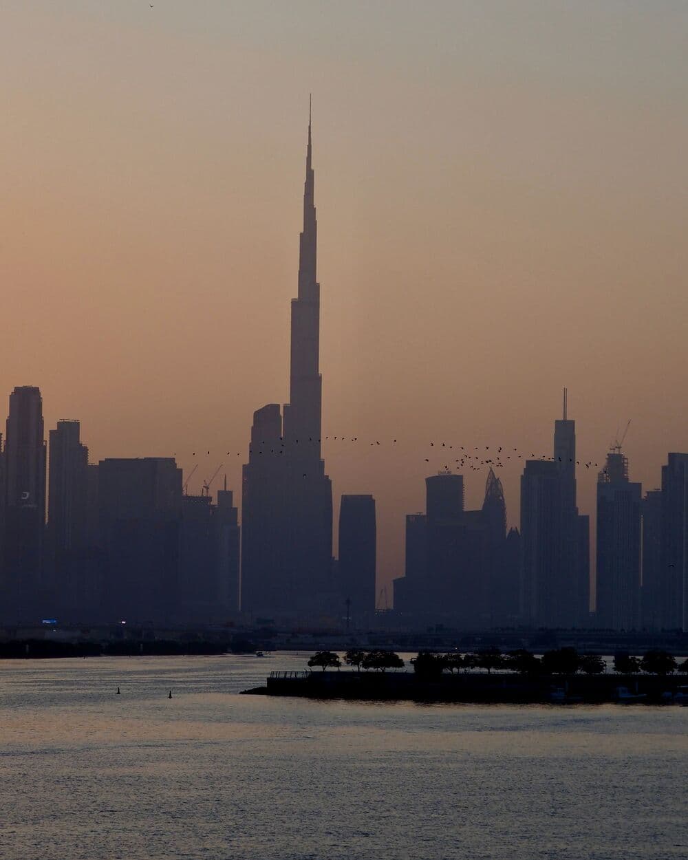 The Dubai skyline and Burj Khalifa at dusk